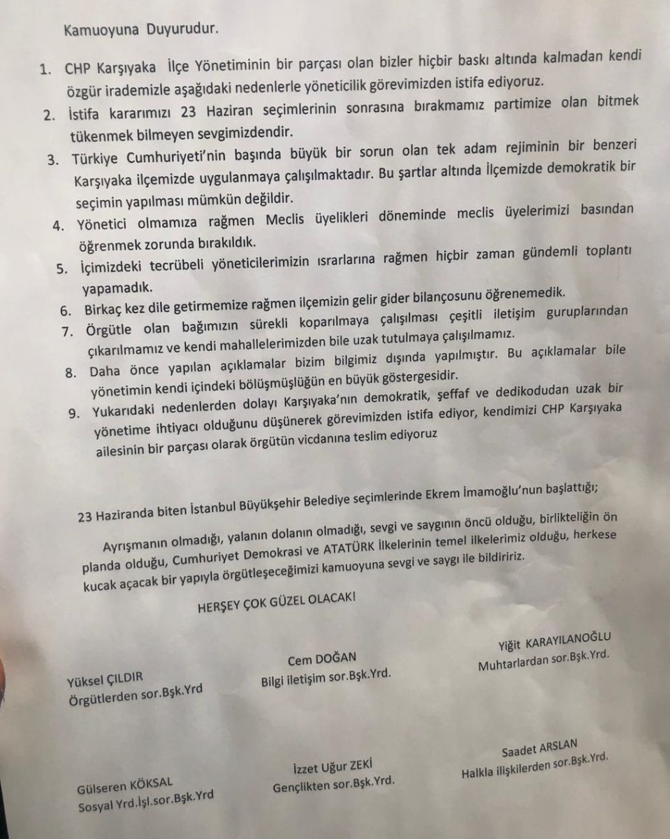 Karşıyaka ilçe yönetiminden zehir zemberek açıklama: "6 Yönetici İstifa Etti"