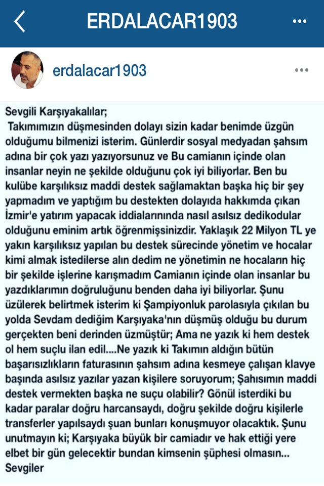 Erdal Acar: “Karşıyaka'ya 22 Milyon TL Verdim”