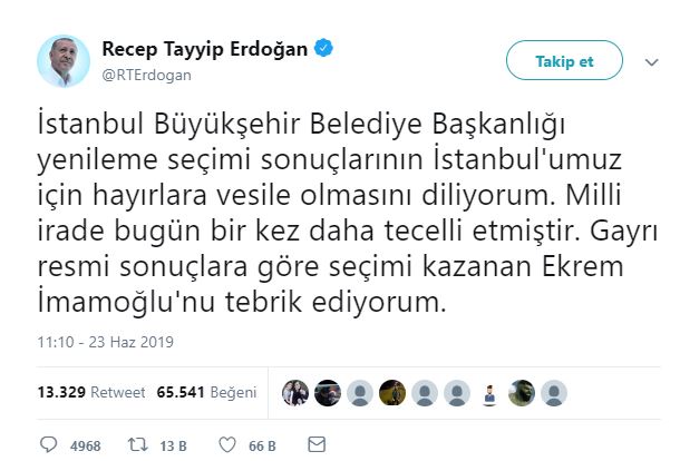 Cumhurbaşkanı Erdoğan'dan Ekrem İmamoğlu'na tebrik!