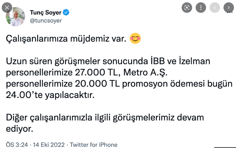 Başkan Soyer'den METRO ve İZELMAN çalışanlarına müjde...