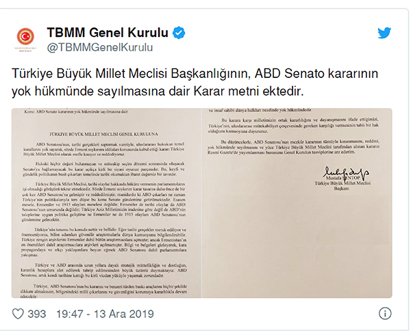TBMM Genel Kurulunda ABD Senatosunun Ermeni kararı ortak bildiriyle kınandı