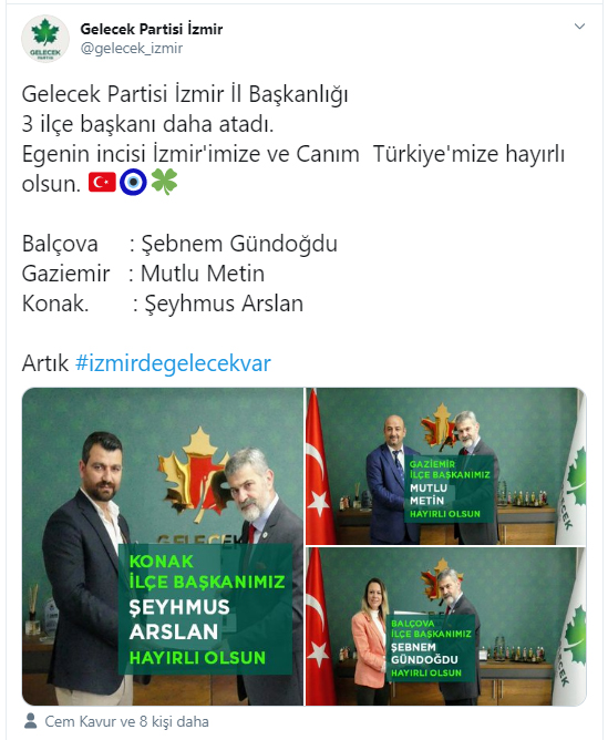 Gelecek Partisi, İzmir'de 3 kurucu ilçe başkanını daha atadı: Konak, Gaziemir, Balçova