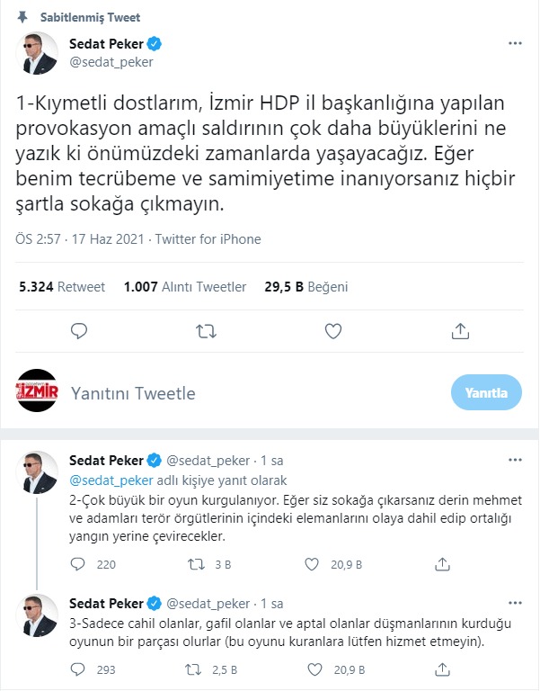 Sedat Peker, İzmir'de HDP'ye yönelik saldırıyla ilgili konuştu: 'Çok Büyük Bir Oyun Kurgulanıyor'