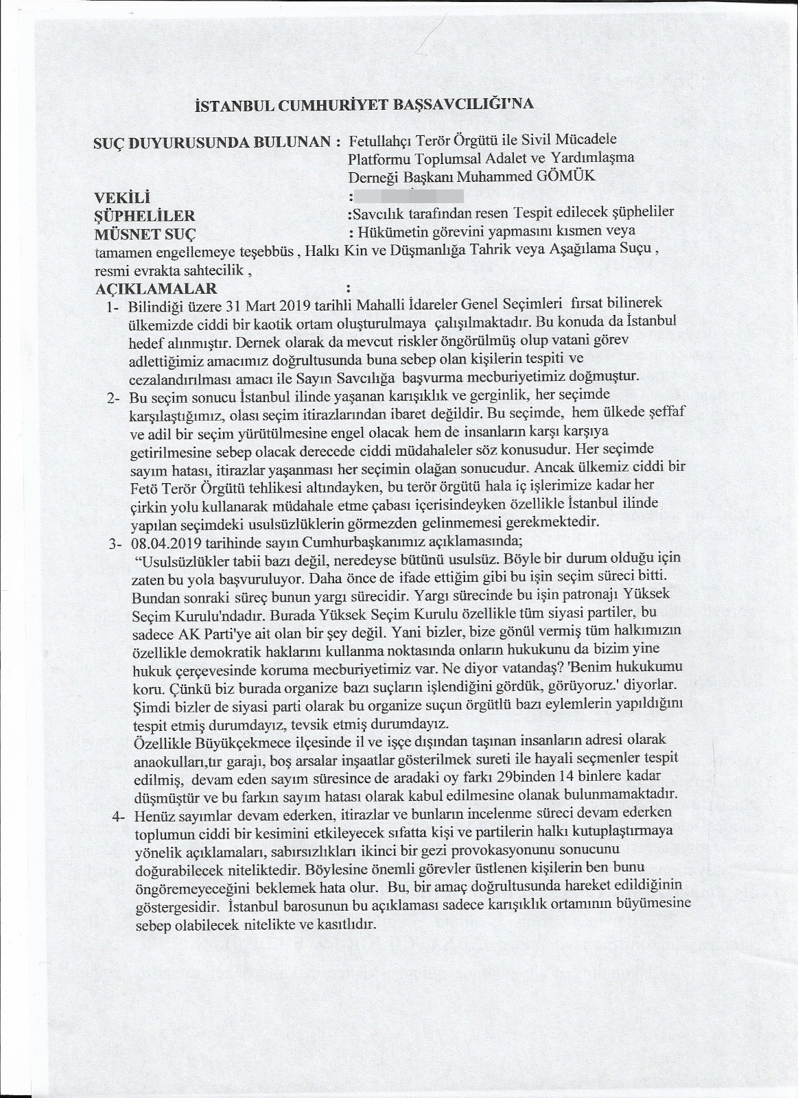İstanbul’daki seçimlere ilişkin usulsüzlük iddialarına suç duyurusu