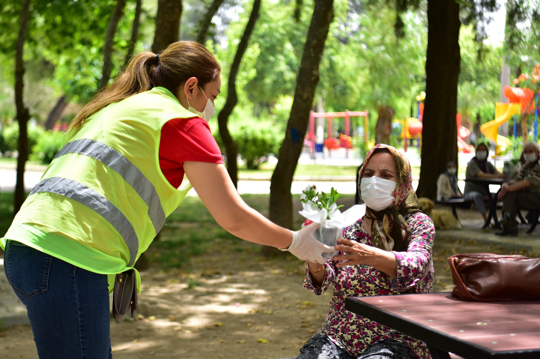 Bornova'da 65 yaşüstü vatandaşlara  çiçek ve maske sürprizi