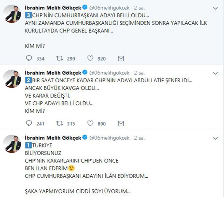 CHP'nin adayını Melih Gökçek açıkladı: Muharrem İnce aday olacak