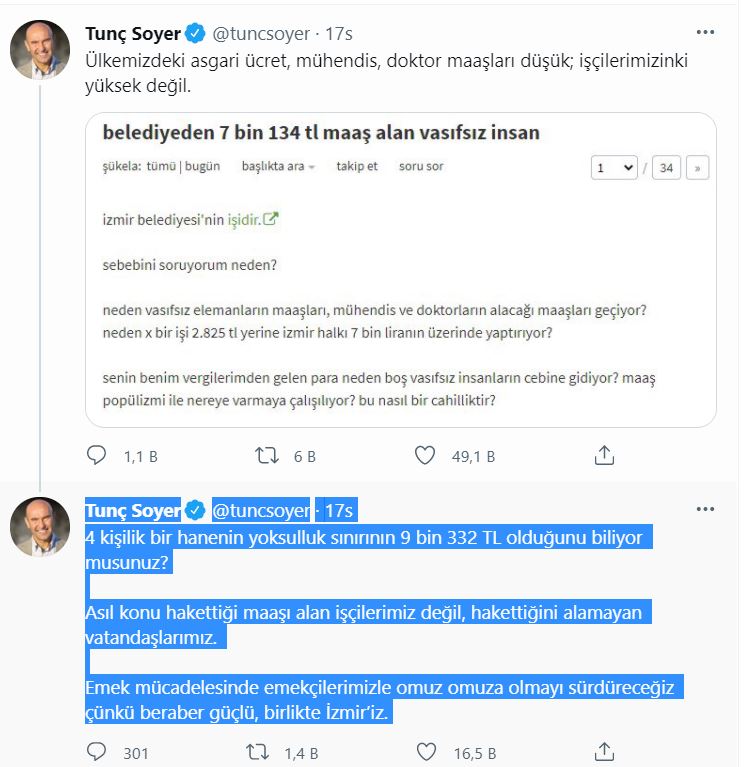 Tunç Soyer'den Ekşi Sözlük yazarına 'maaş' yanıtı