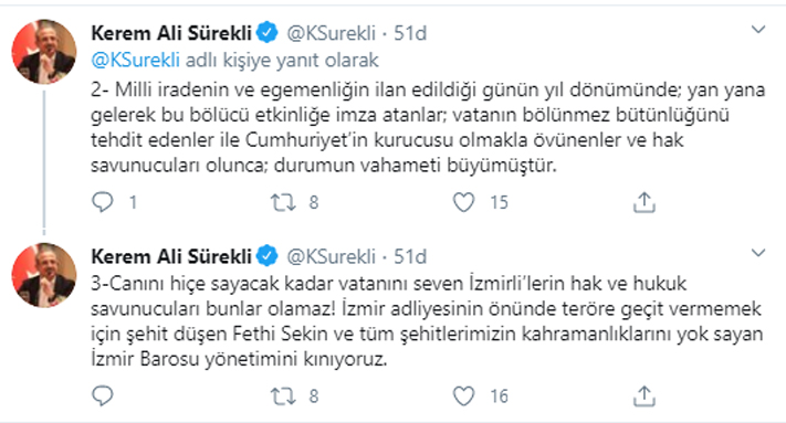 Başkan Sürekli'den İzmir Barosu'na sert tepki: İzmirlilerin hak ve hukuk savunucuları bunlar olamaz!