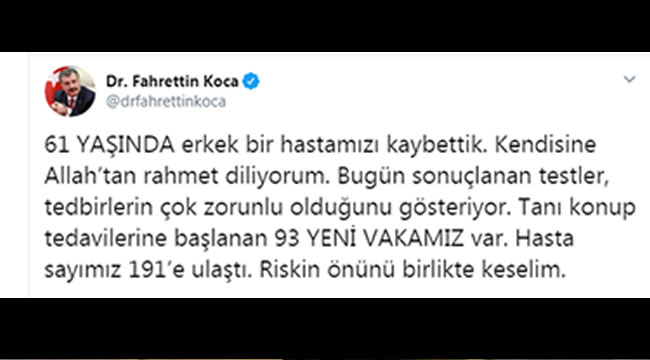 Sağlık Bakanı açıkladı: Türkiye'de Coronavirus vaka sayısı 191, 2 kişi hayatını kaybetti