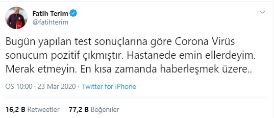 Fatih Terim, corona virüsüne yakalandığını açıkladı!