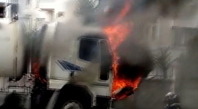 Alev alev yanan vidanjör bomba gibi patladı