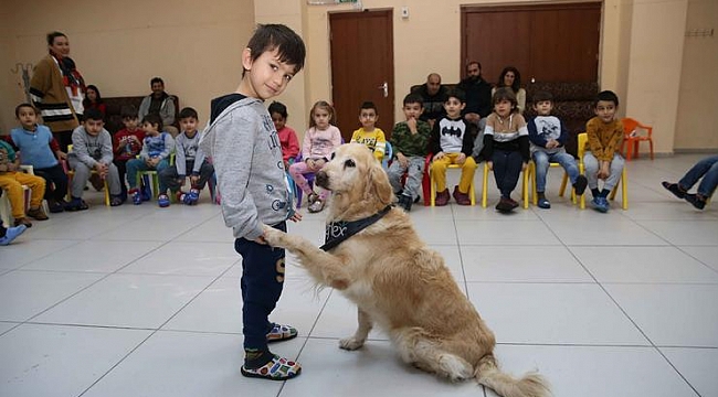 Sevimli köpekler Karşıyakalı miniklere hayvan sevgisi aşılıyor