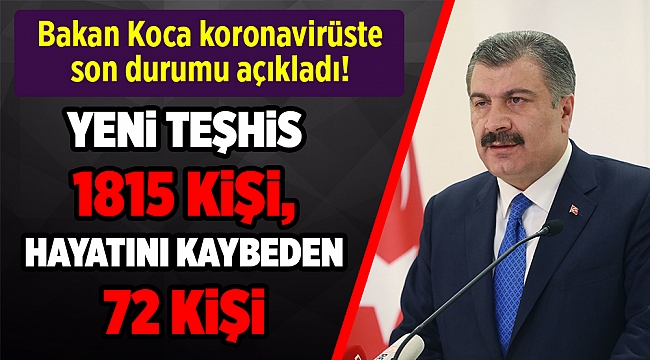 Türkiye'de son 24 saatte 1815 kişiye Kovid-19 tanısı konuldu, 72 kişi hayatını kaybetti