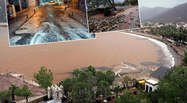 Marmaris'te dere taştı! Cadde ve sokaklar nehre döndü