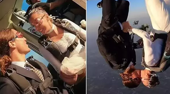 &quot;Dünyanın en çekici paraşütçüsü&quot; gökyüzünde evlendi