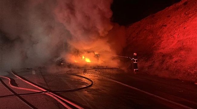 Kütahya&#039;da lastiği patlayan tırın dorsesi yandı