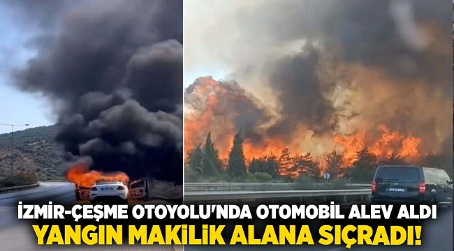 İzmir-Çeşme Otoyolu&#039;nda Otomobil Alev Aldı, Yangın Makilik Alana Sıçradı!