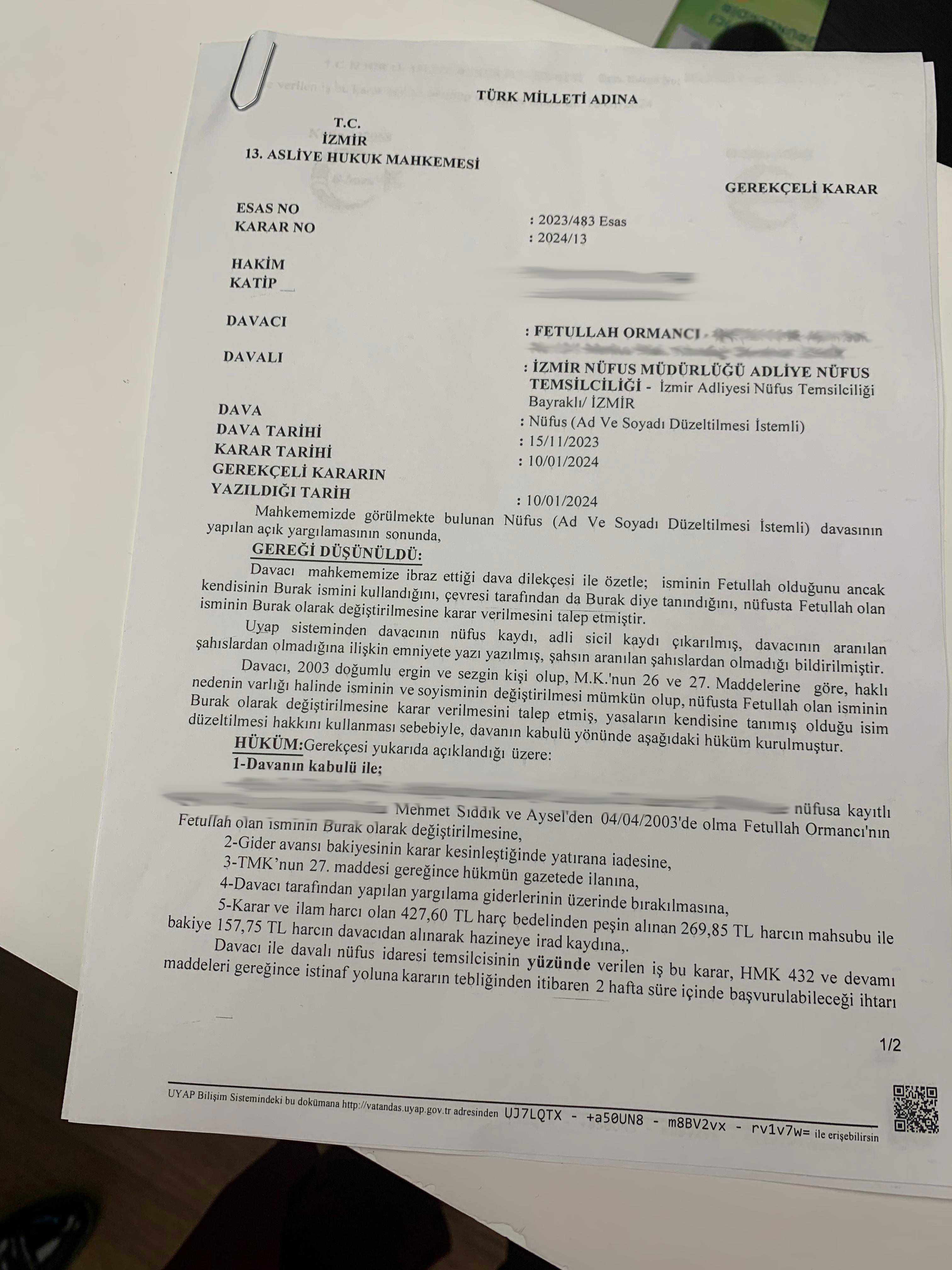 'Fethullah' ismini 'Burak' olarak değiştirdi