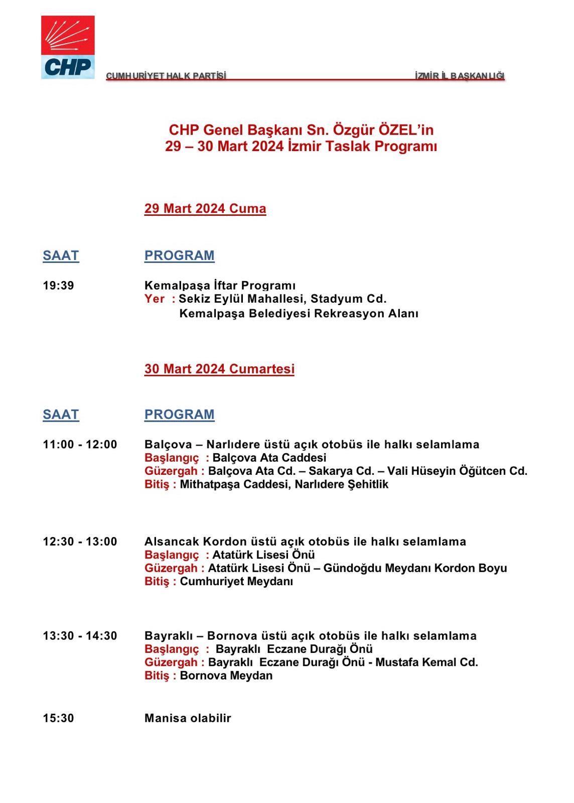 CHP Lideri Özel yarın İzmir'e geliyor