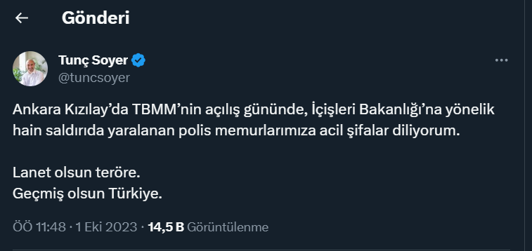 Soyer'den Ankara'daki bombalı saldırıya tepki: Lanet olsun teröre!