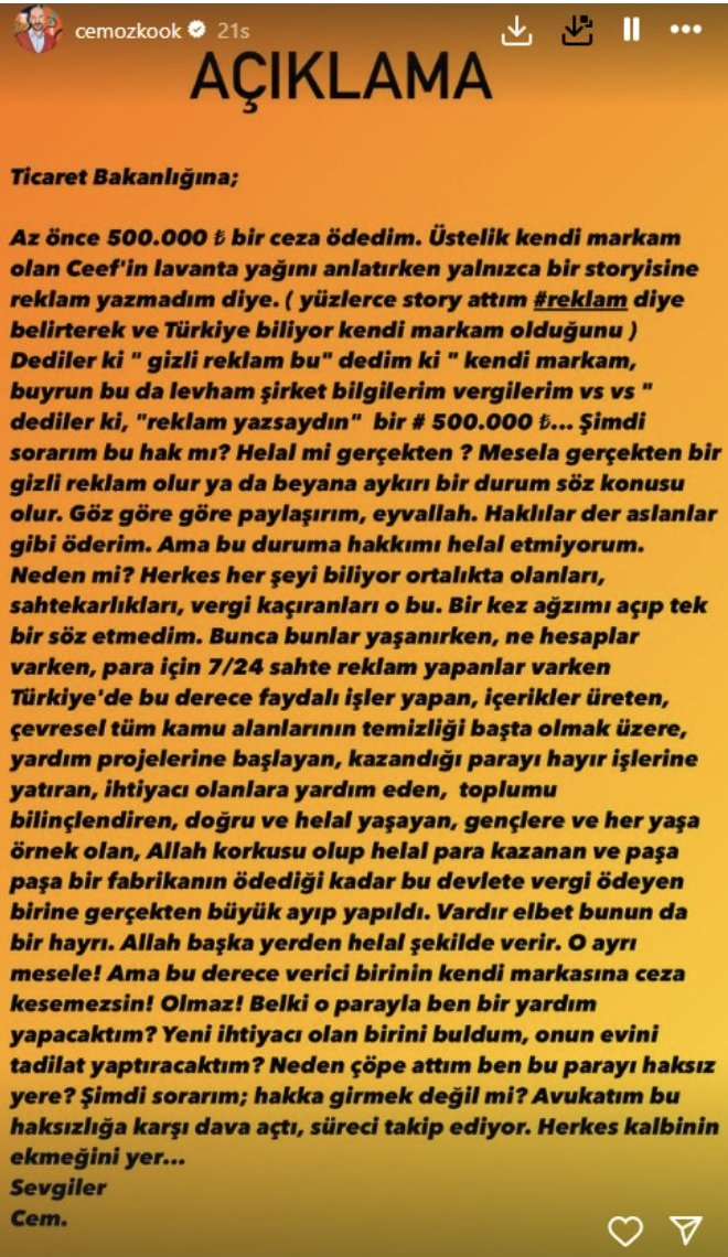 Fenomen Cem Özkök, kendi markasına ait ürünü paylaşırken "Reklam" yazmadığı için 500 bin TL ceza ödedi