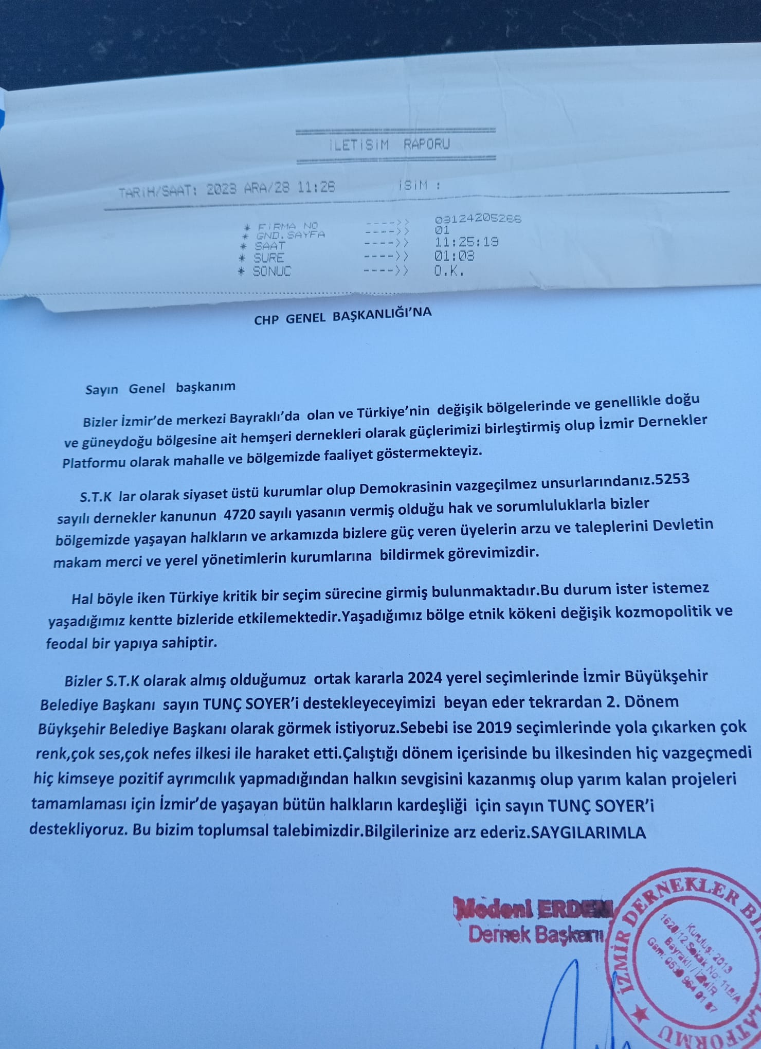 Erzurum Dernekleri ve Bayraklıdaki S.T.K.lar Başkan Soyer'e destek için CHP Genel Başkanı Özgür Özel'e faks gönderdiler