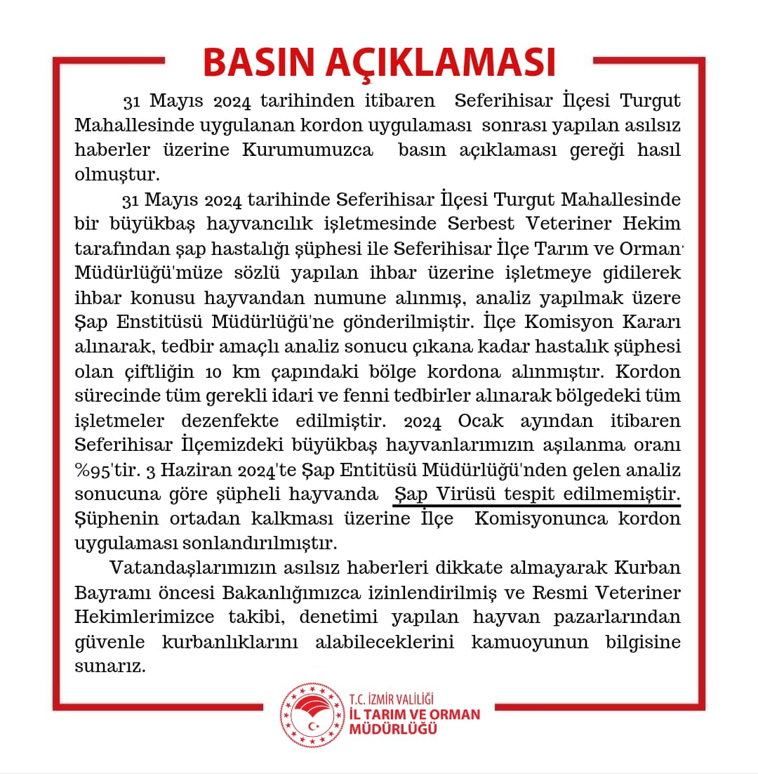 İl Tarım ve Orman Müdürlüğü'nden 'şap' konusunda virüs tespit edilmediği açıklaması yapıldı.