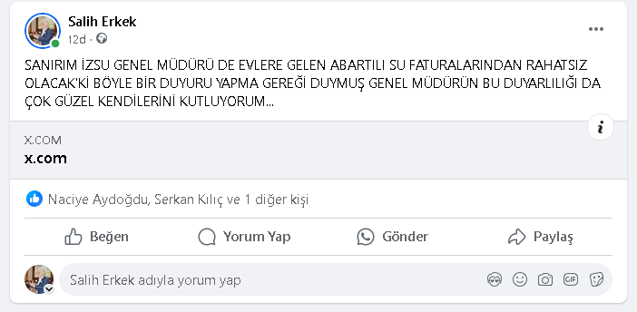 Salih Erkek'ten İZSU Genel Müdürü'ne Tebrik: "Su Faturalarındaki Hassasiyeti Takdir Ediyorum"
