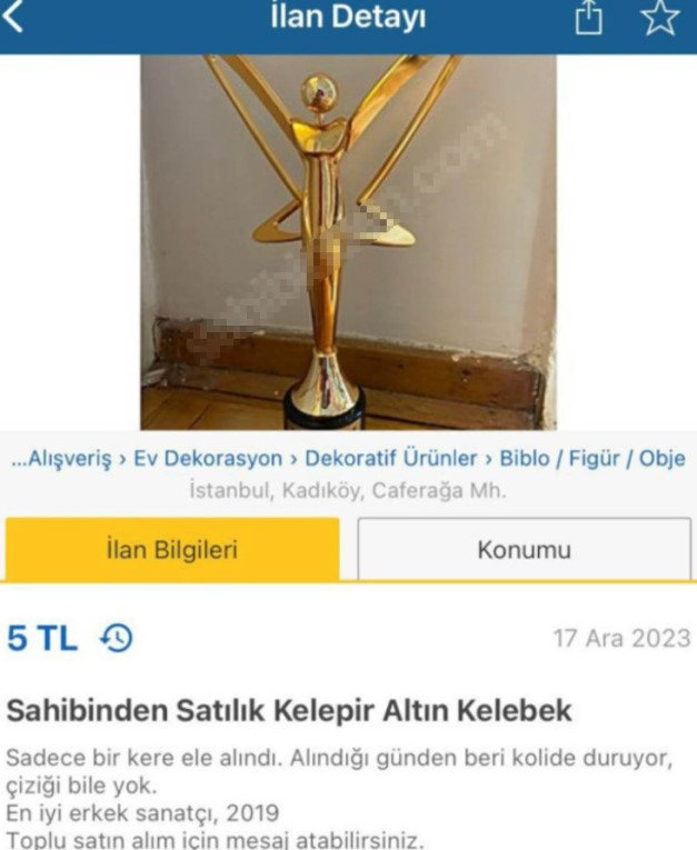 Altın Kelebek Ödülü'nü 5 TL'ye satışa çıkardı
