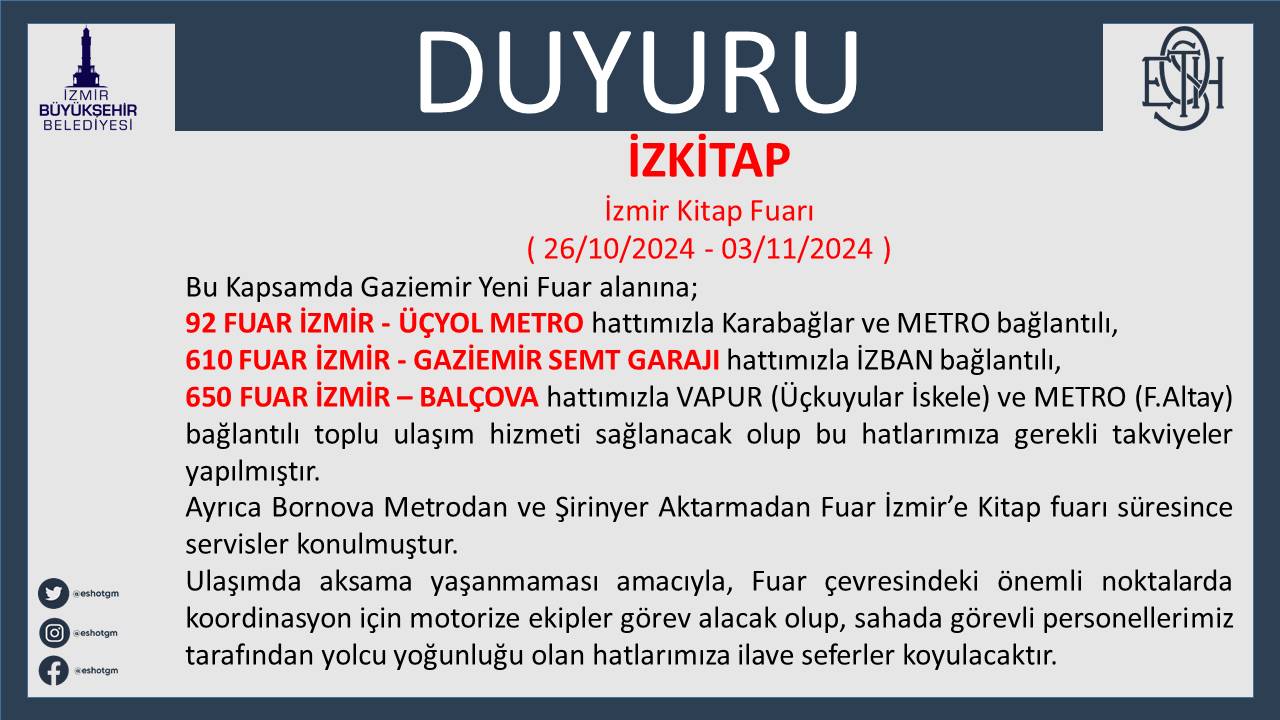 ESHOT’tan,  Kitap Fuarı’na ulaşım için ilave sefer ve geçici servis