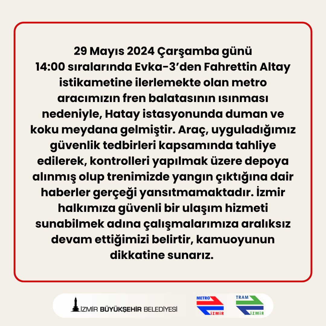 İzmir Metro’dan ‘yangın’ iddialarına yanıt geldi