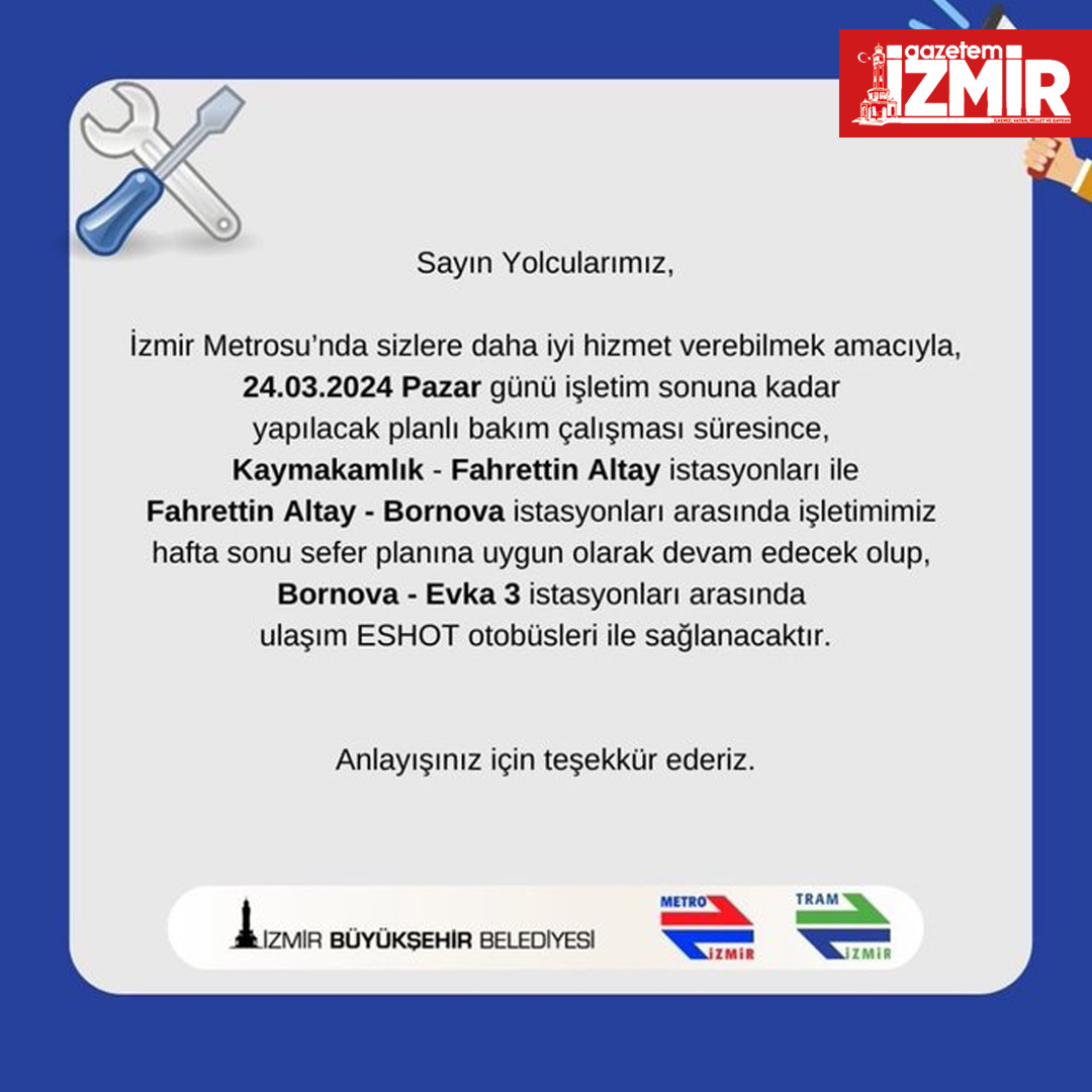 İzmir Metroda pazar günü bakımı