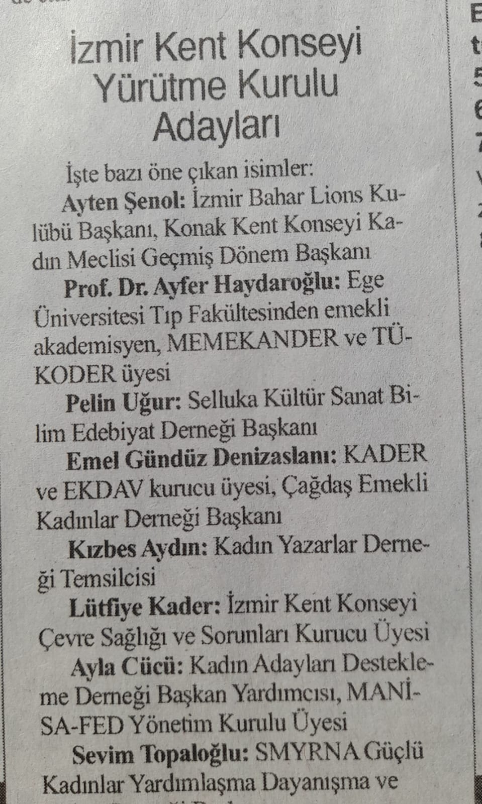 Lütfiye Kader, Çevre ve Eğitimdeki Başarısıyla İzmir Kent Konseyi Yönetimine Aday!